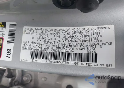 2011 Toyota Tacoma Base V6 z USA, uszkodzony, nr VIN 3TMMU4FN9BM032008